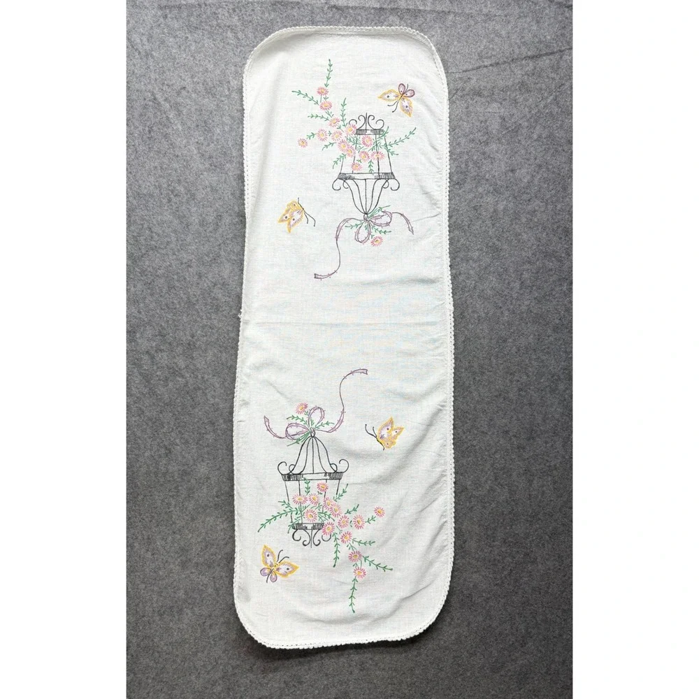 Vintage Embroidered Birdcage Butterfly Table Runner Crocheted Lace Trim 34x12.5